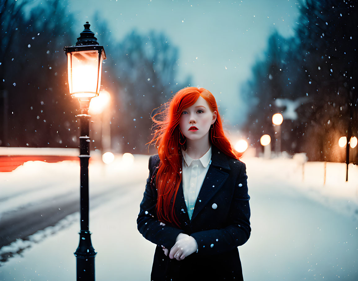 Red-haired woman in snowy twilight scene under streetlamp