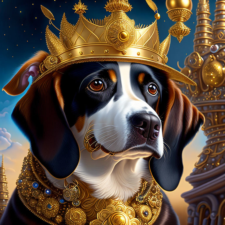 Regal dog wearing crown and armor against castle night sky