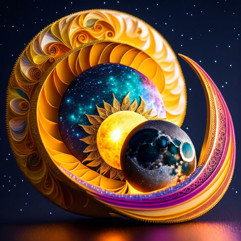 Surreal digital artwork: Layered crescent structure with celestial bodies on starry backdrop