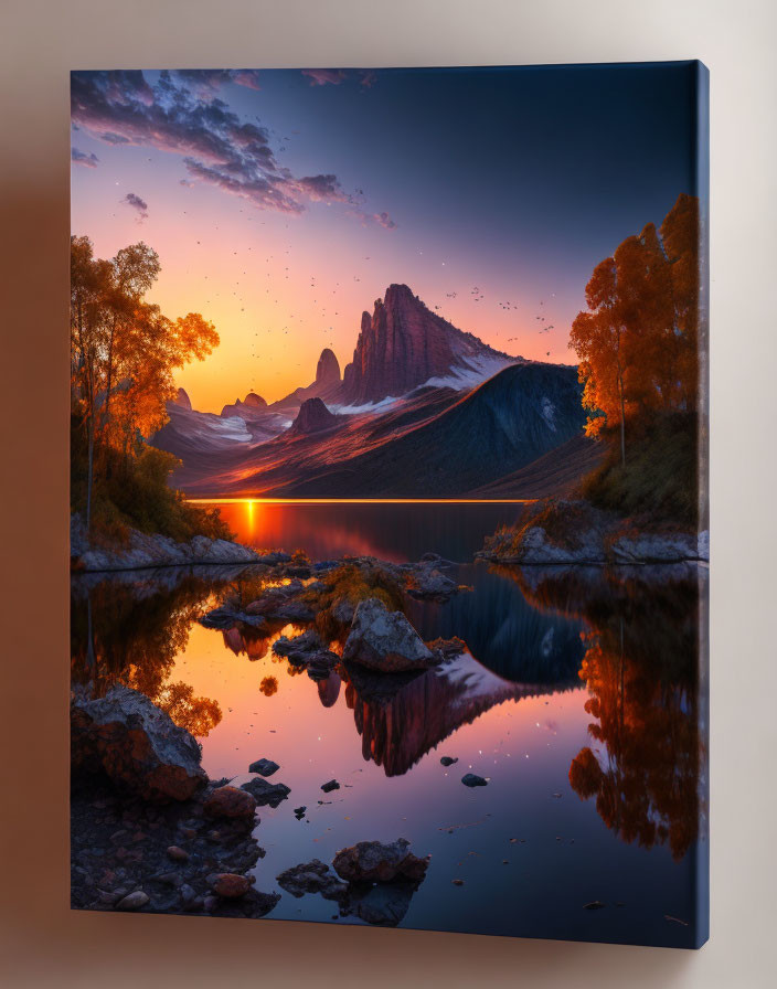 Serene sunset over mountainous landscape canvas print