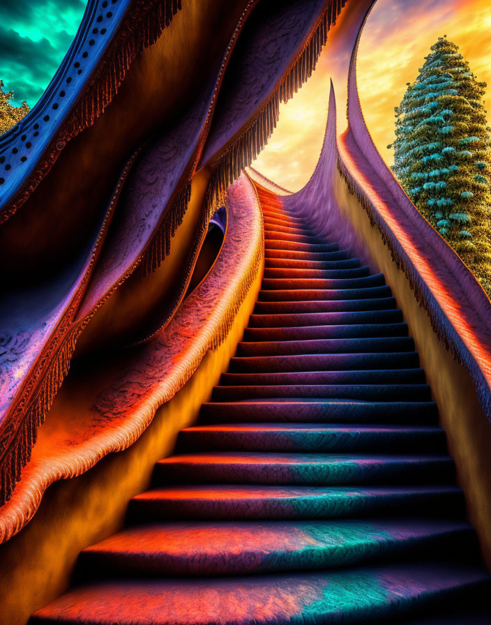 Colorful, intricate staircase against vivid sunset sky and lone tree