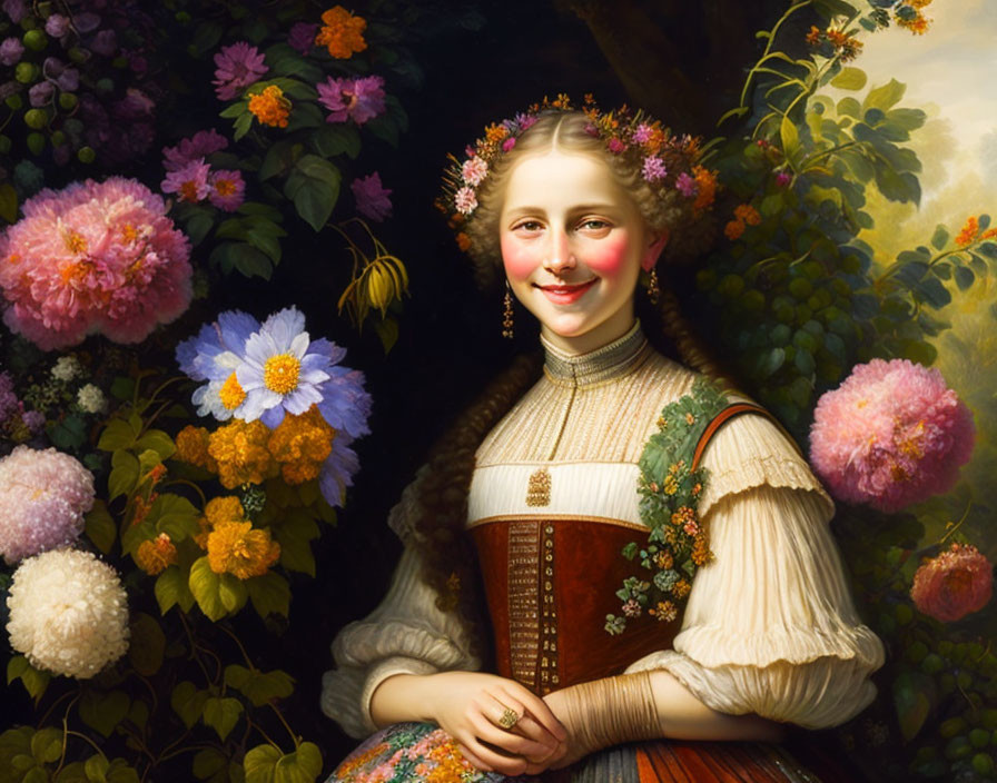 Traditional dress girl smiling in flower garden scene