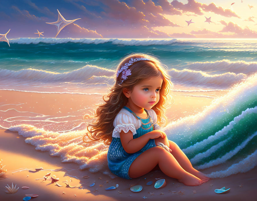 Young girl in blue dress and tiara on sandy beach at sunset with starfish and seashells