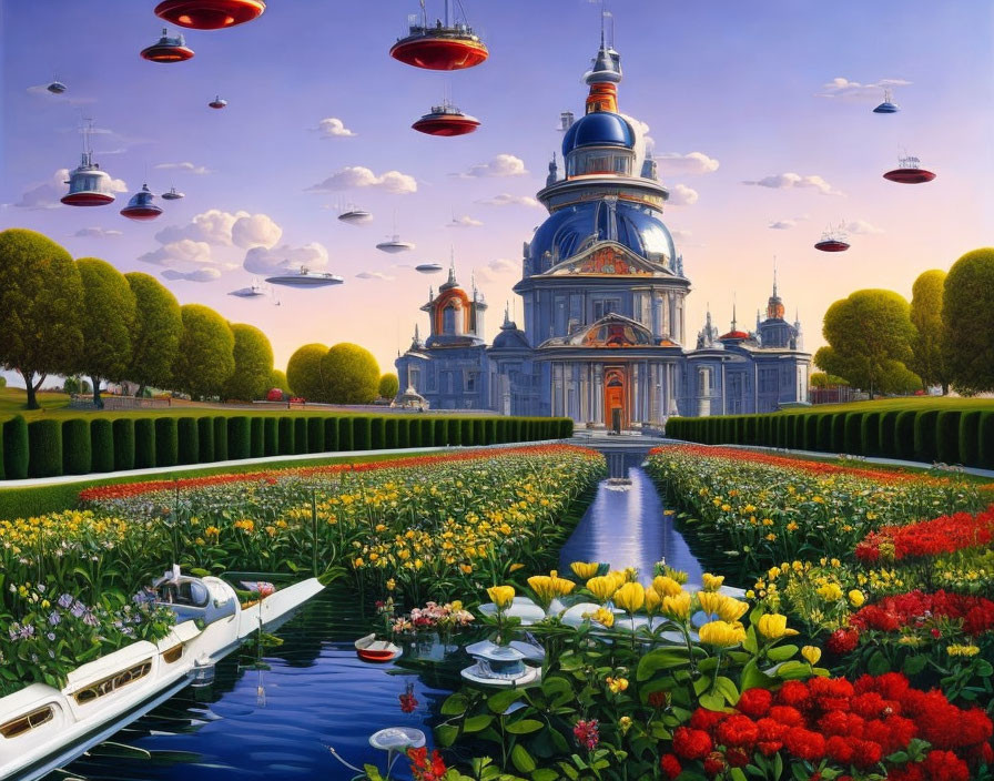 Lush garden and futuristic palace with domes, surrounded by floating ships