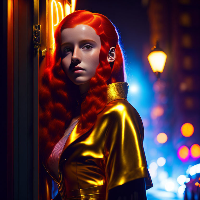 Vibrant red-haired woman in yellow jacket by neon-lit doorway