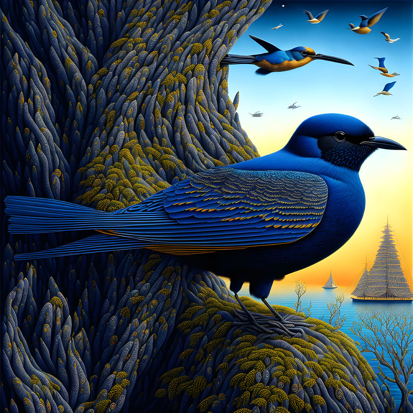 Colorful Illustration of Bluebird on Branch at Sunset