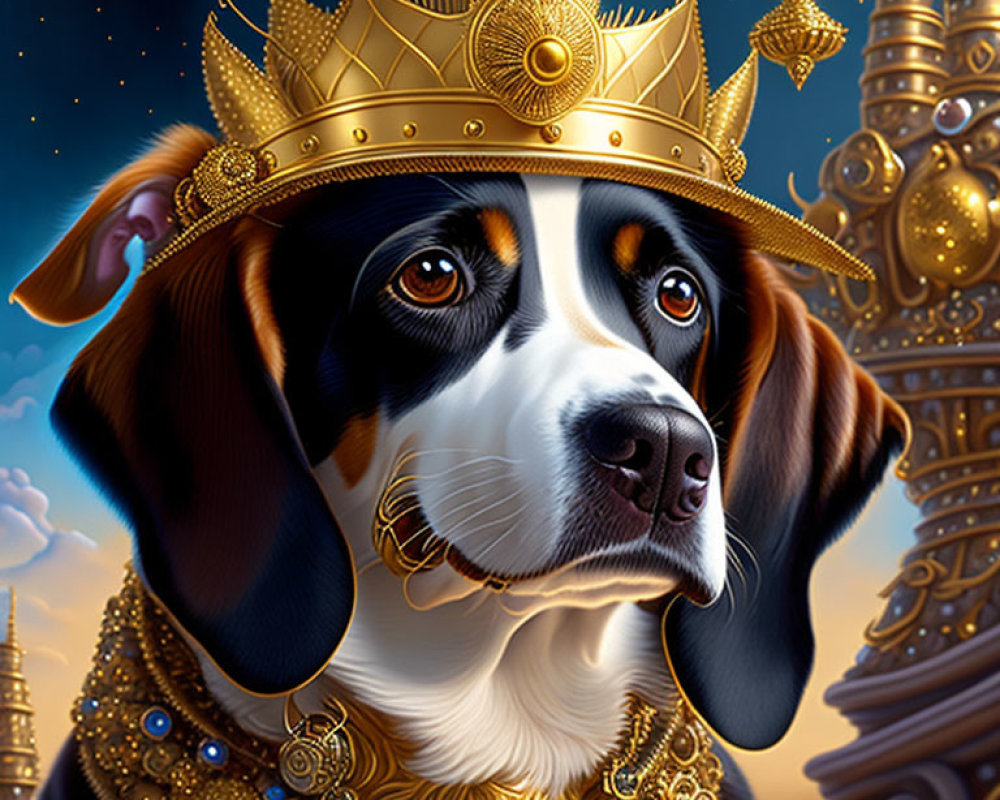 Regal dog wearing crown and armor against castle night sky