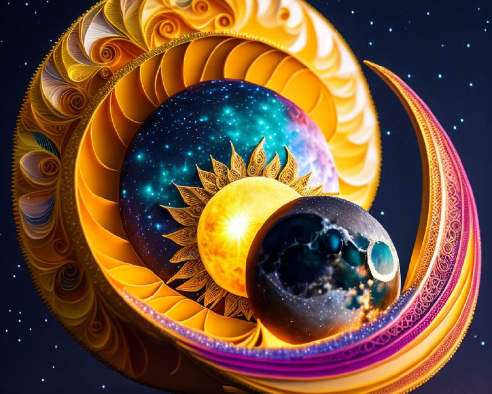 Surreal digital artwork: Layered crescent structure with celestial bodies on starry backdrop