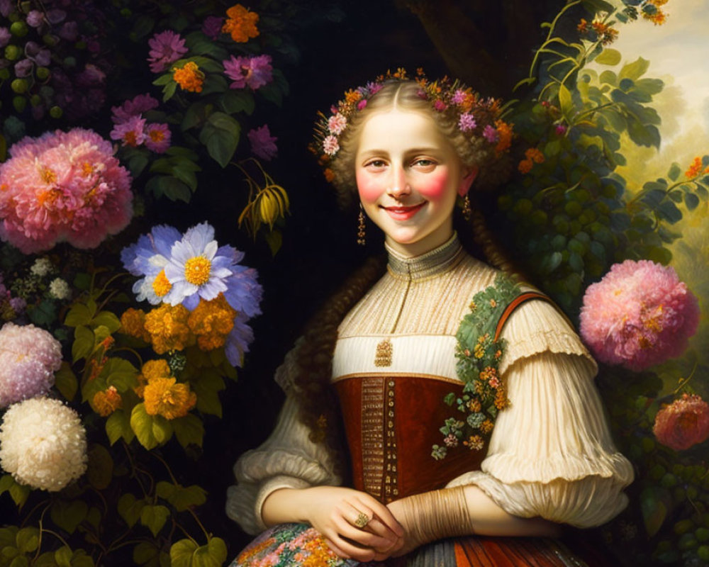 Traditional dress girl smiling in flower garden scene