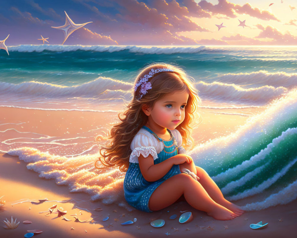 Young girl in blue dress and tiara on sandy beach at sunset with starfish and seashells