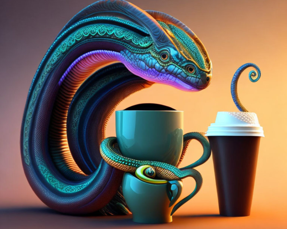 Vibrant serpent design on coffee cups against gradient backdrop