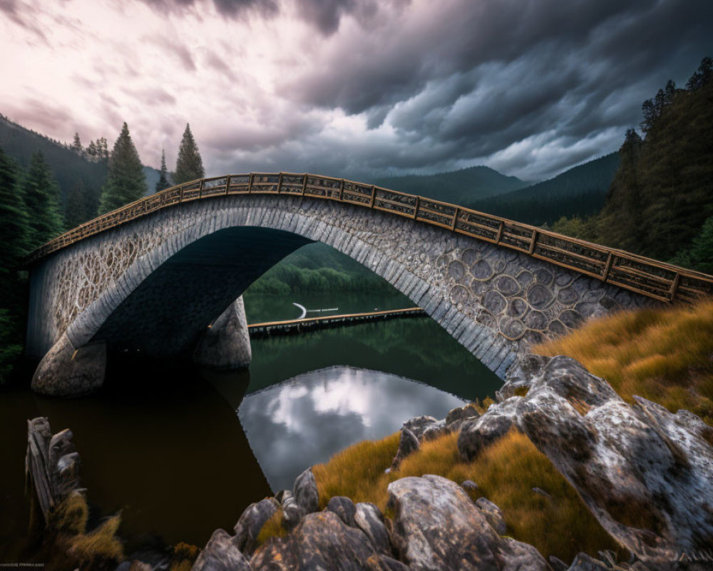 Stone arched bridge over river amidst forested mountains under dramatic sky