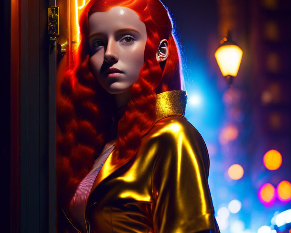 Vibrant red-haired woman in yellow jacket by neon-lit doorway