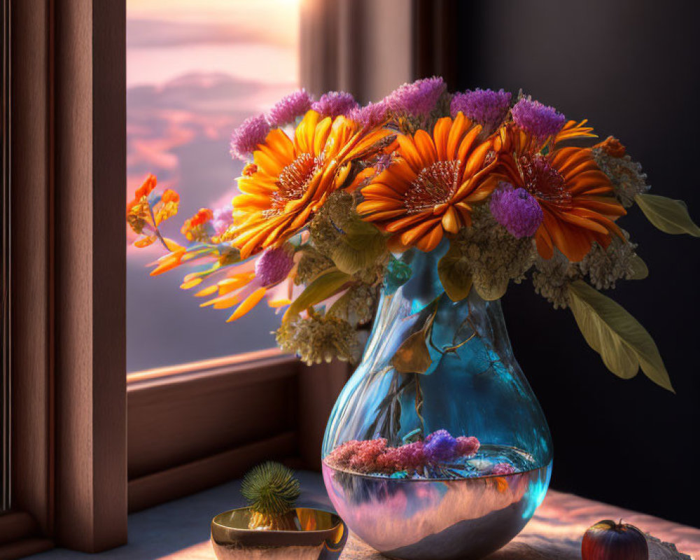 Vibrant orange and purple flowers in a sunset still life.