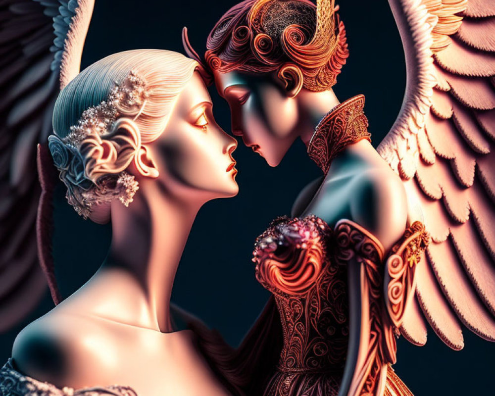 Intricate angelic figures with ornate wings in digital art style