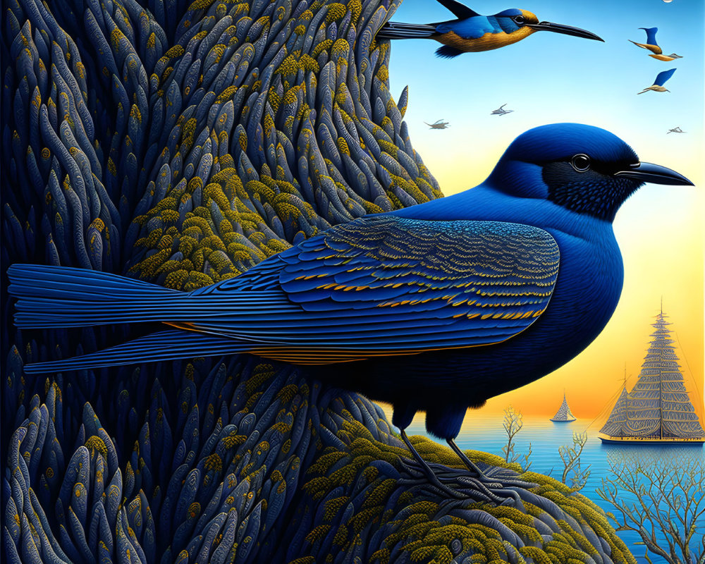 Colorful Illustration of Bluebird on Branch at Sunset