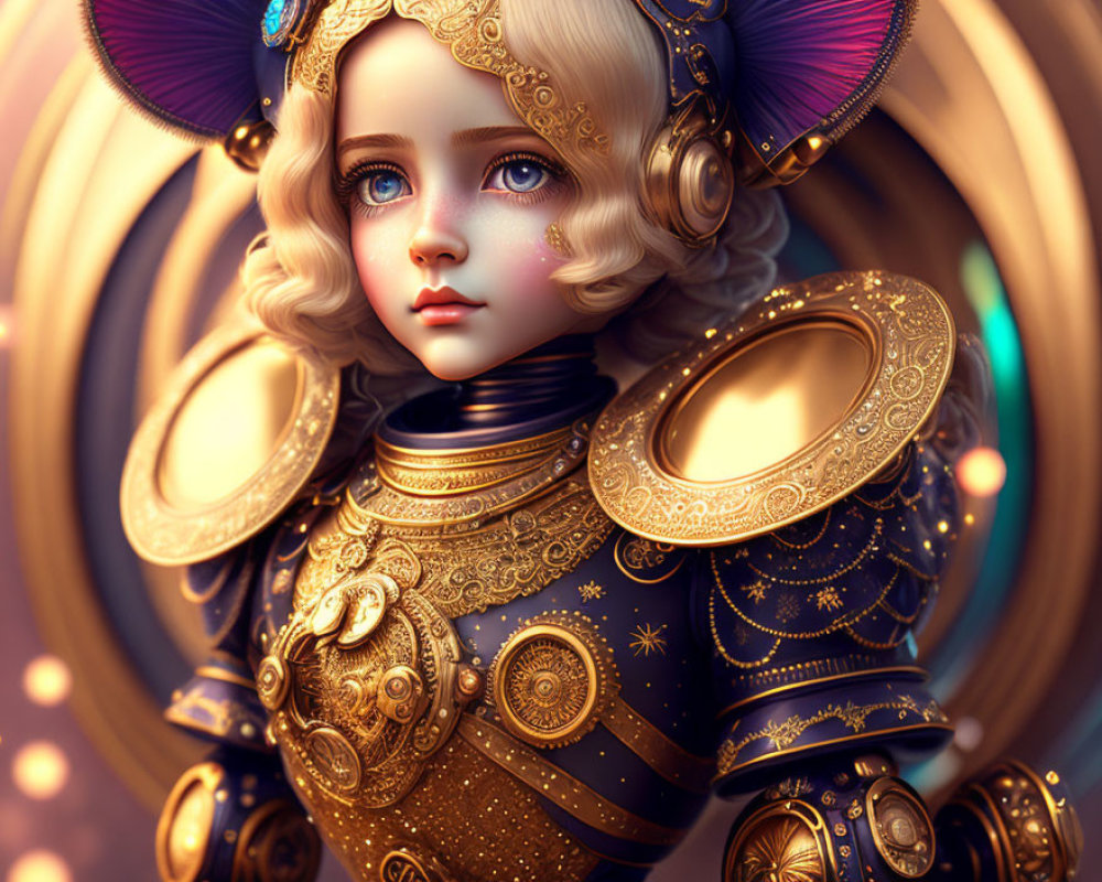 Detailed Artwork: Girl with Blue Eyes, Blonde Curls, Gold and Black Armor