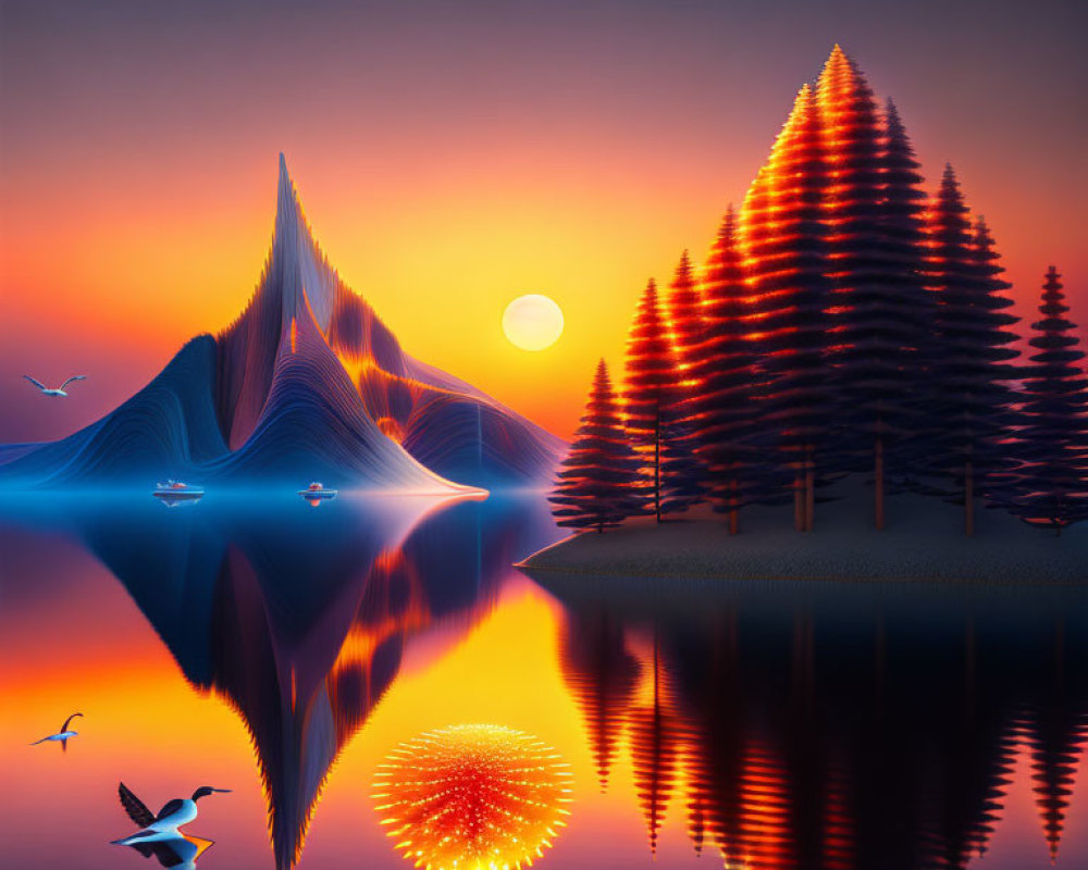 Vibrant surreal landscape with reflective lake, orange trees, blue mountain, birds, and serene sunset