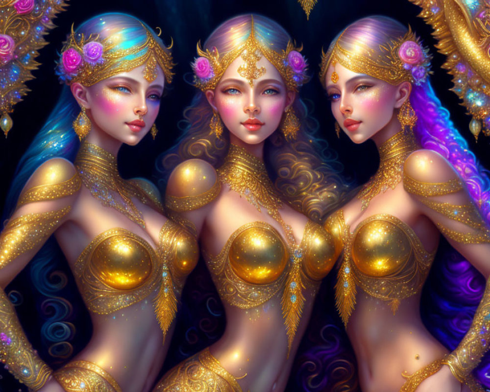 Ethereal female figures with gold jewelry and headdresses on dark background