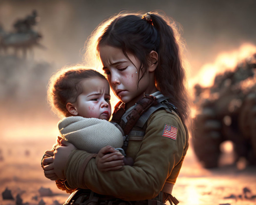 Children in military attire embrace amidst war scene with tanks and soldiers.