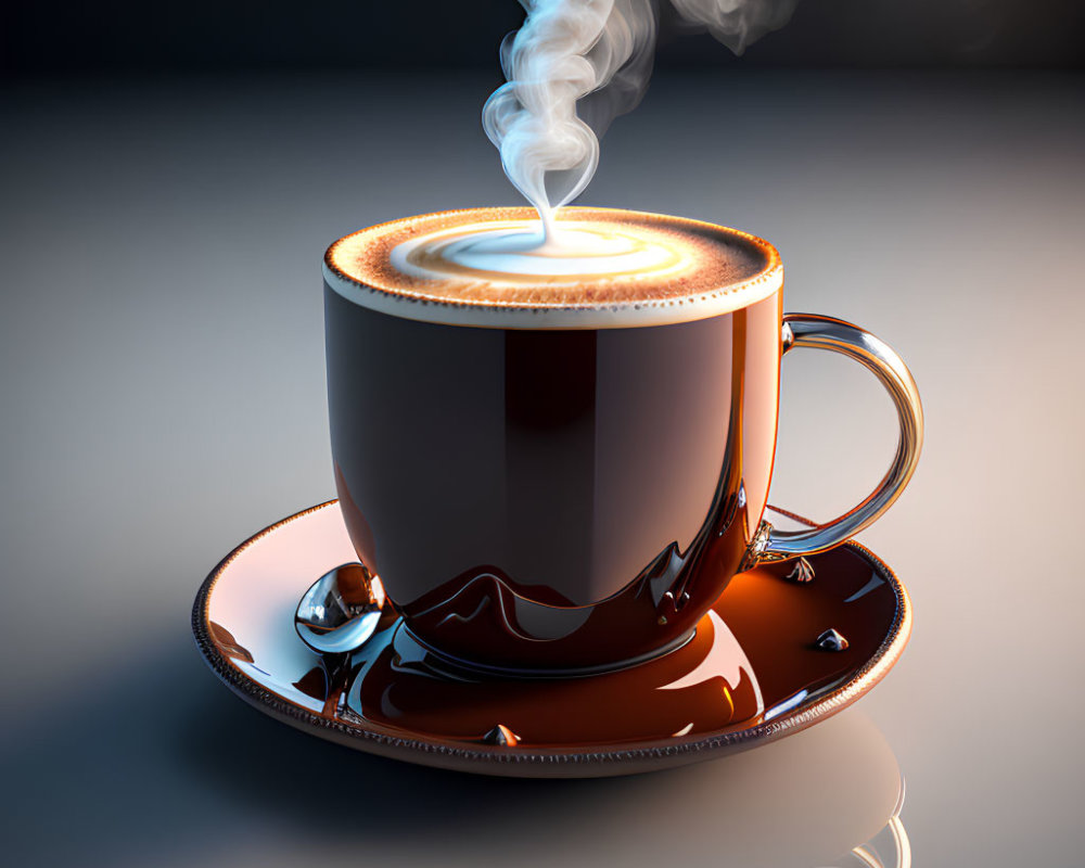 Brown Coffee Cup with Heart Swirl on Reflective Surface