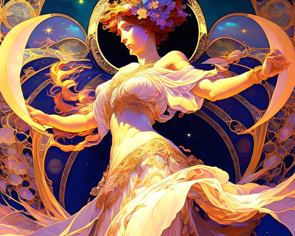 Illustrated woman in flowing dress with crescent moon and stars