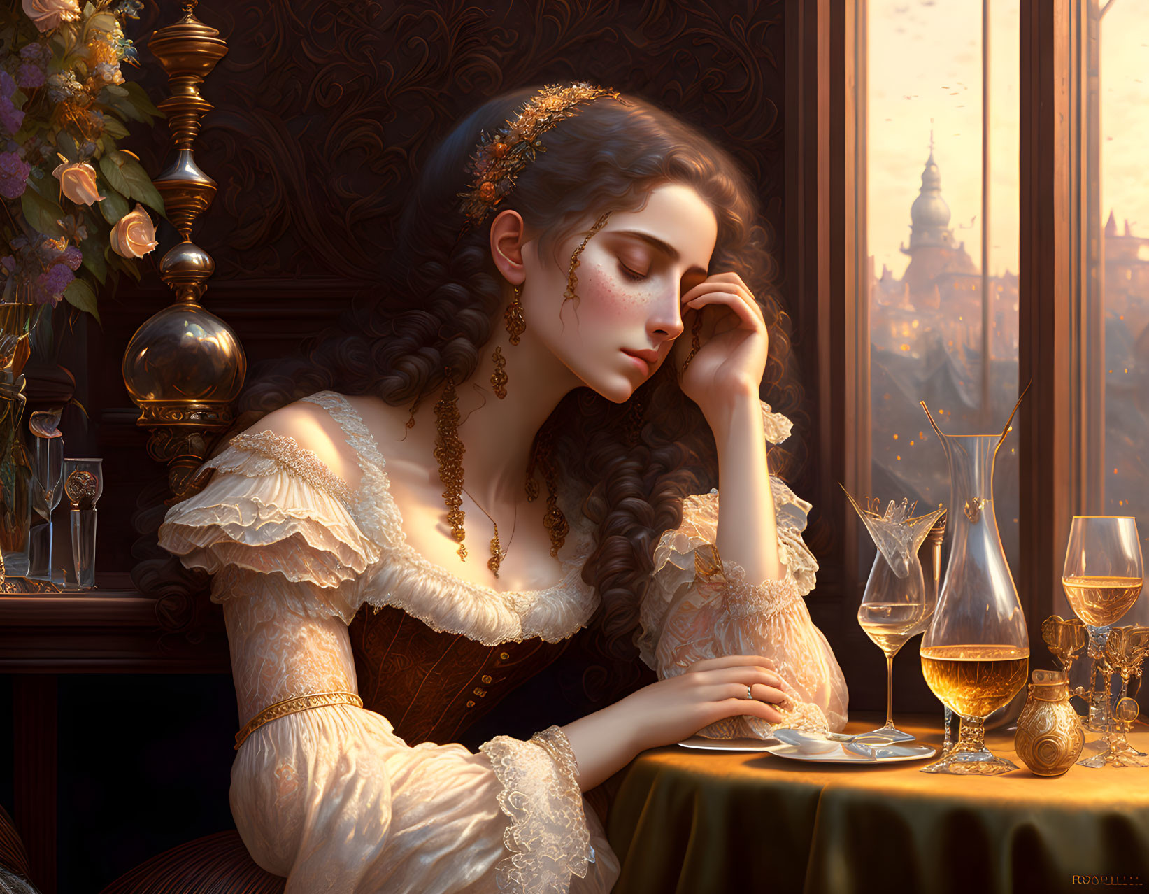 Young woman in golden dress with wine glass and cityscape view