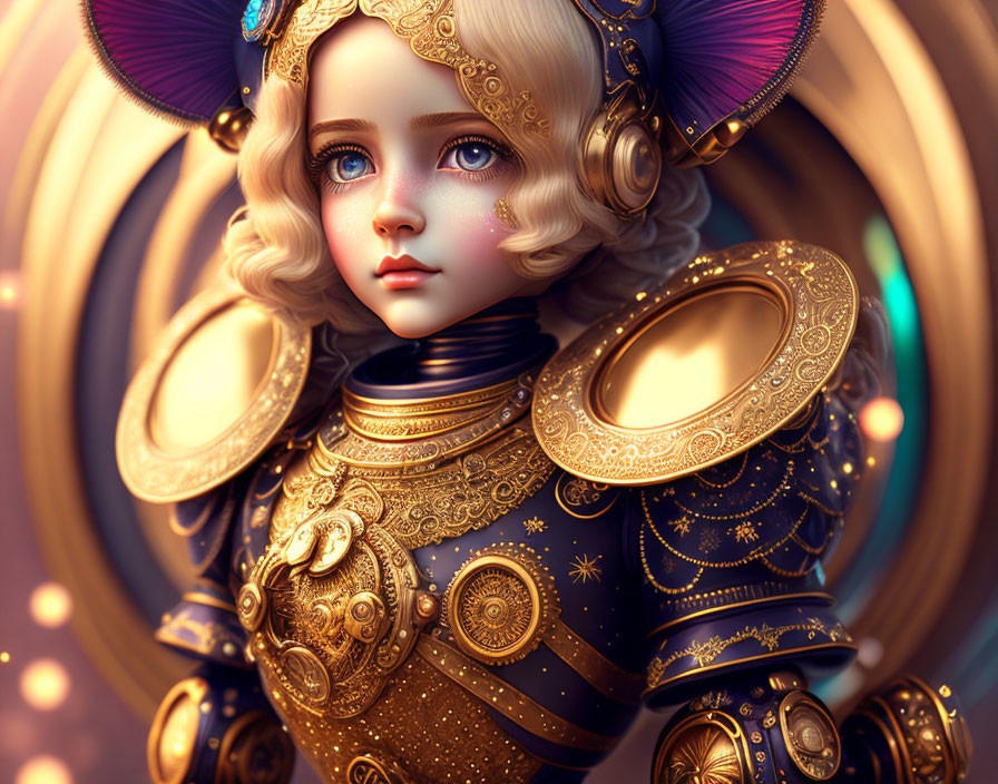 Detailed Artwork: Girl with Blue Eyes, Blonde Curls, Gold and Black Armor