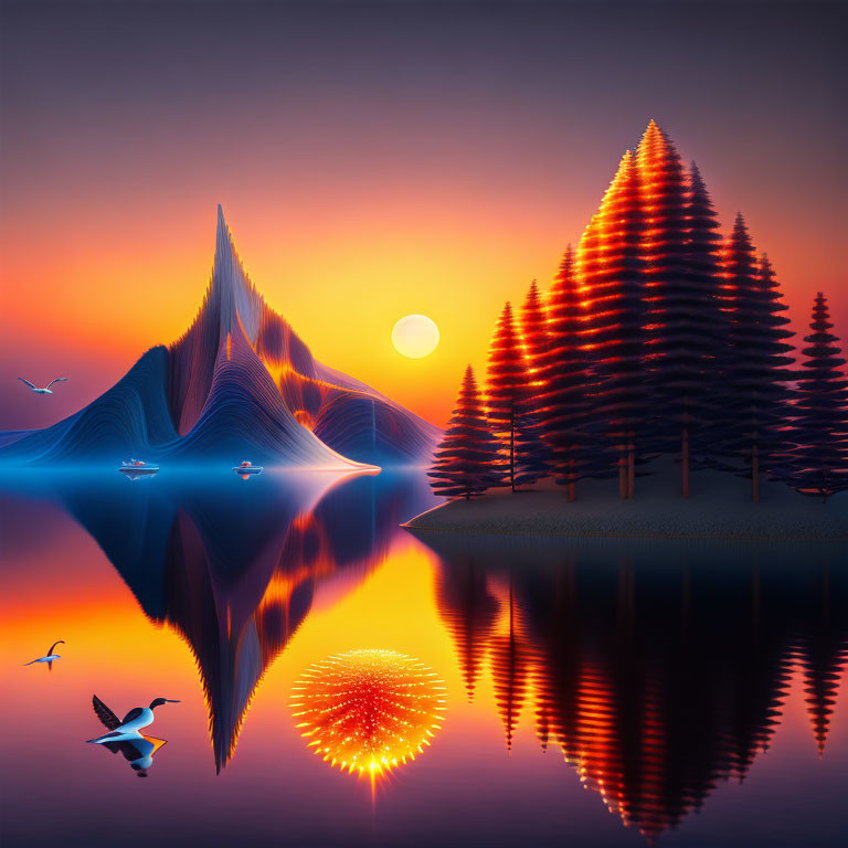 Vibrant surreal landscape with reflective lake, orange trees, blue mountain, birds, and serene sunset