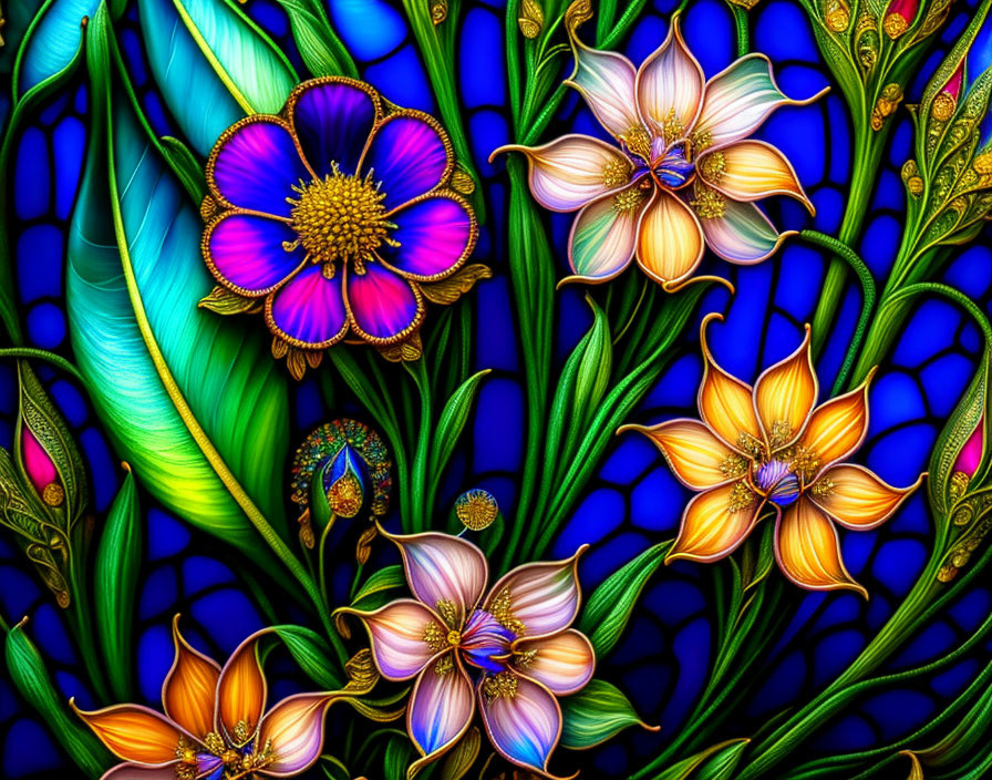 Colorful Flower Stained Glass Illustration on Luminous Blue Background