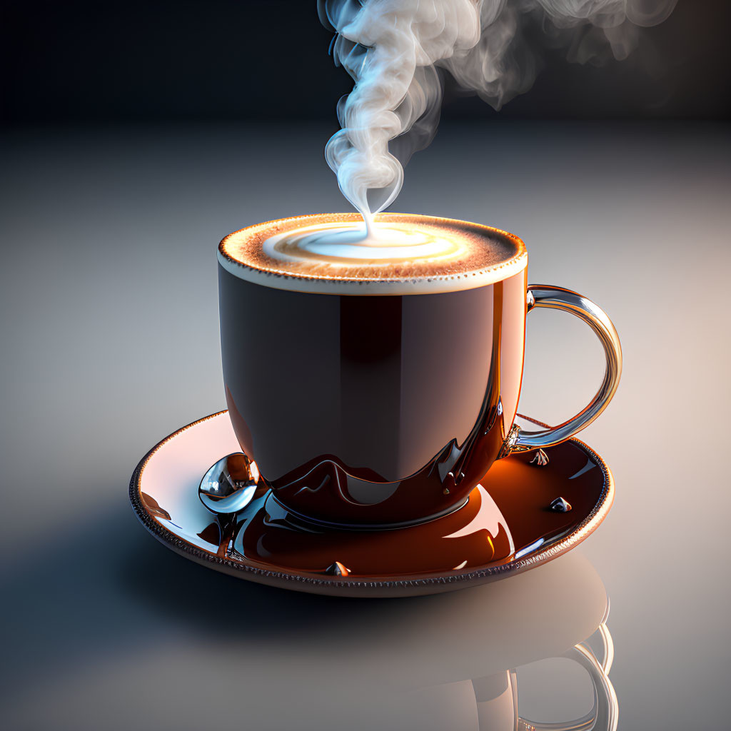 Brown Coffee Cup with Heart Swirl on Reflective Surface