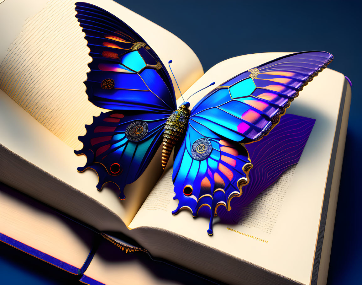 Colorful 3D Butterfly Illustration on Open Book Against Dark Blue Background