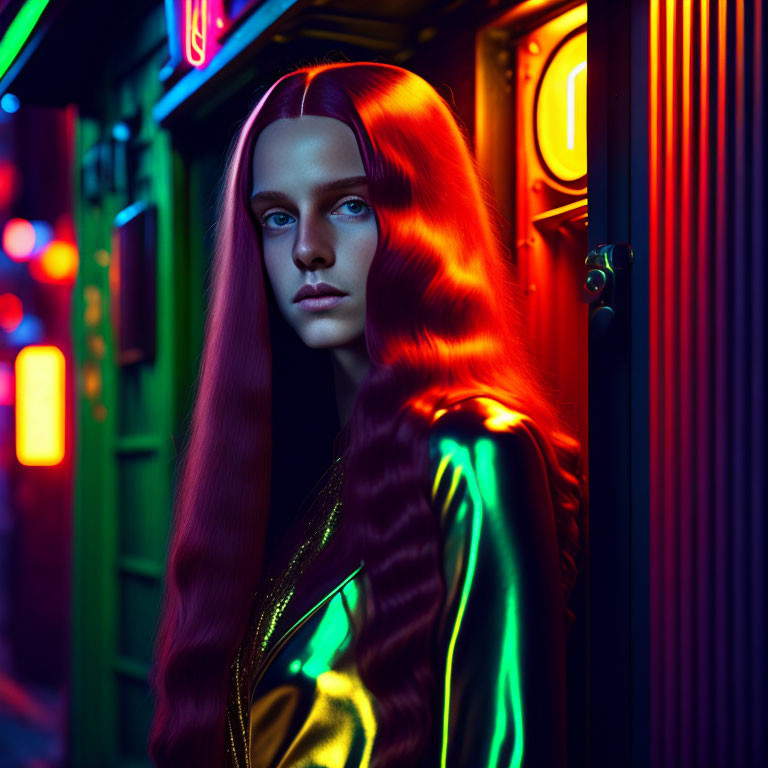 Long-haired woman in vibrant neon lighting with red and blue hues