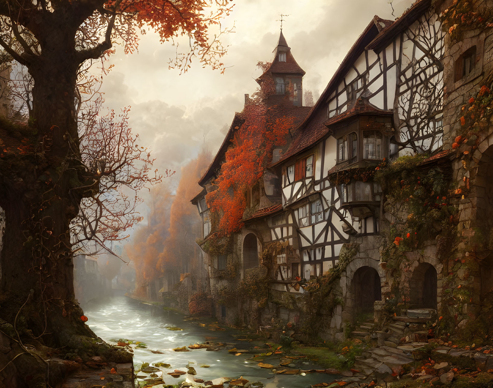 Half-Timbered Building by River Surrounded by Autumn Trees