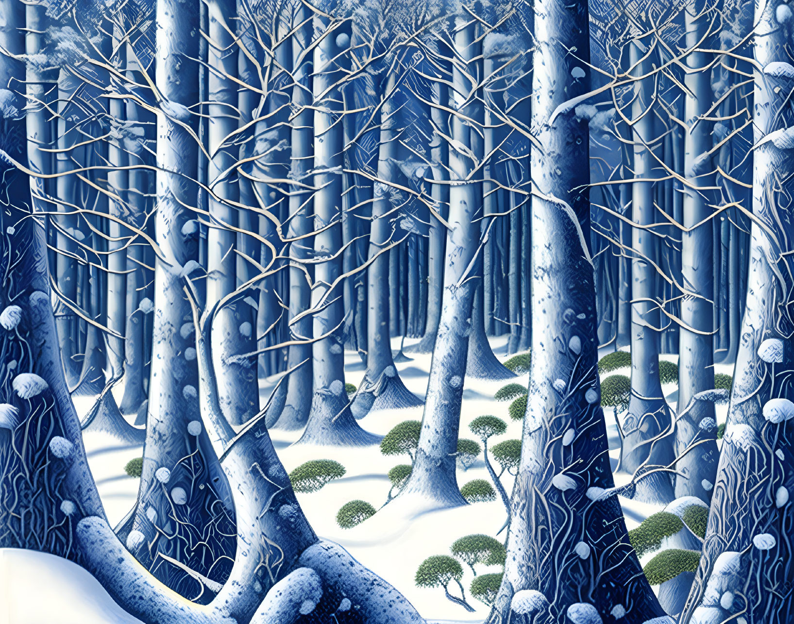 Stylized image of dense forest with blue and white trees and snowy ground