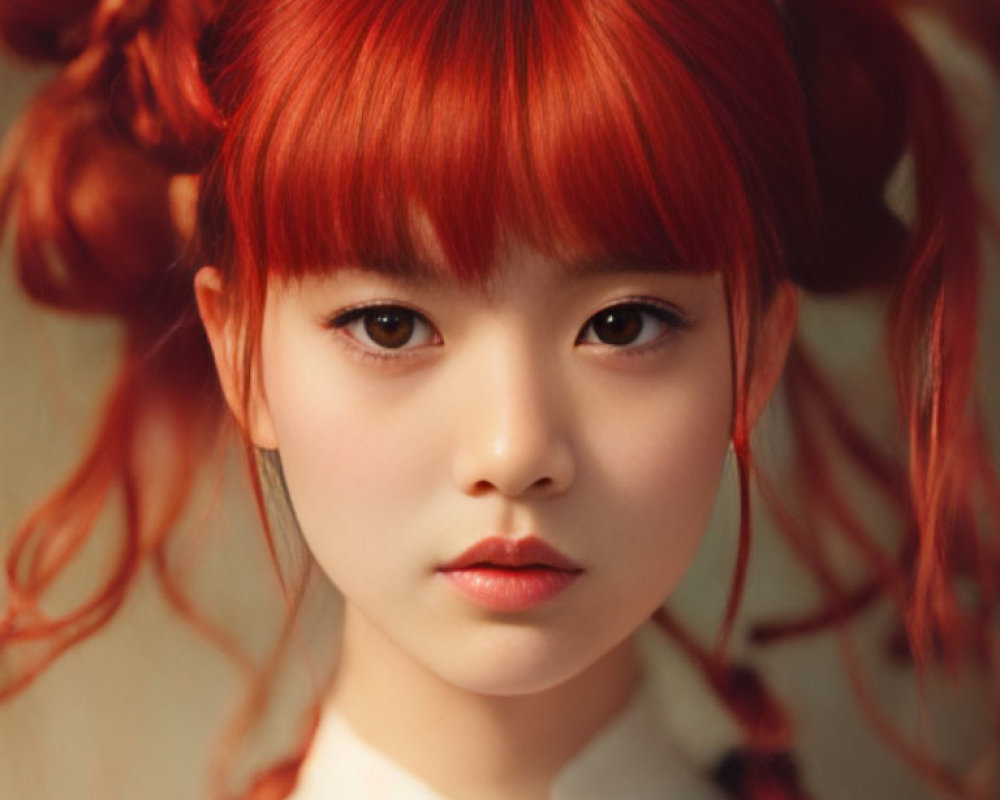 Young woman with red hair in buns, white blouse & intense gaze