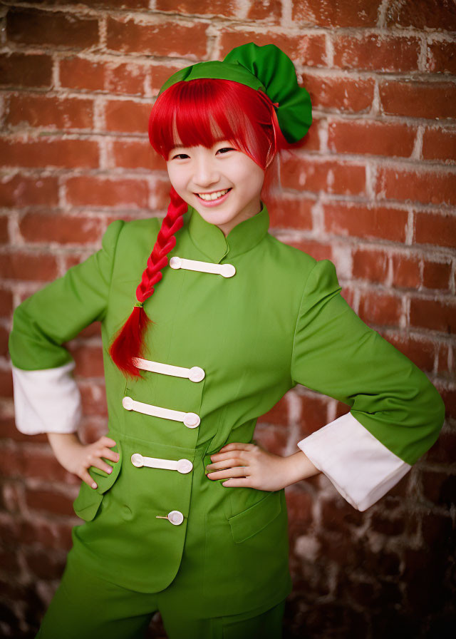 Person in Bright Green Outfit with Red Braid Smiling Against Brick Wall