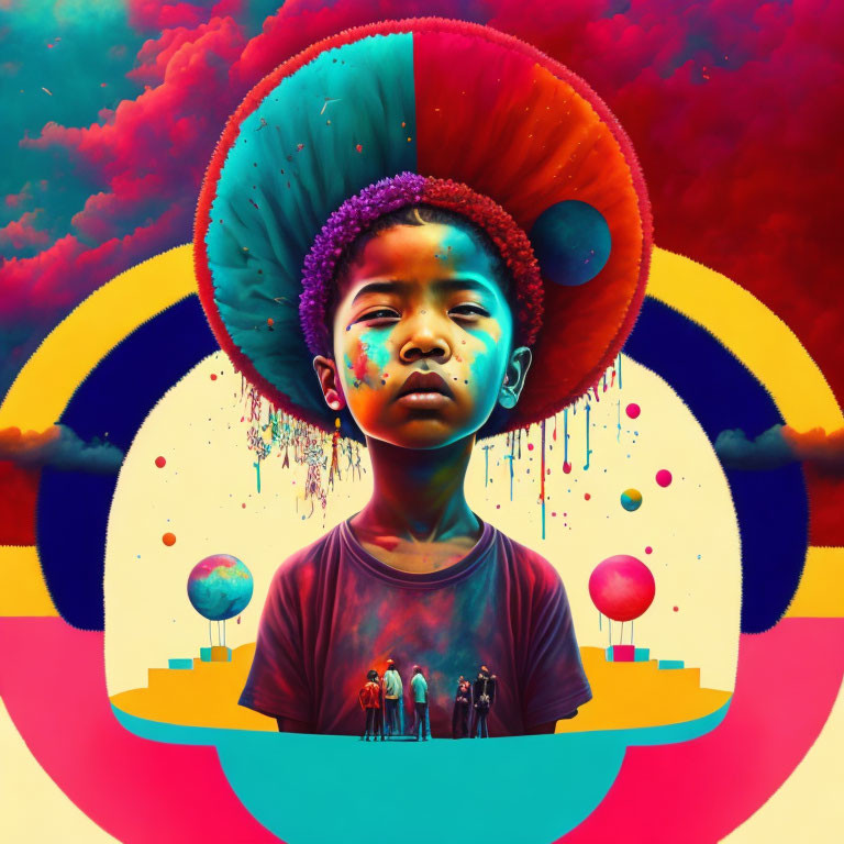 Colorful digital art: Child with cosmic backdrop & surreal headdress.