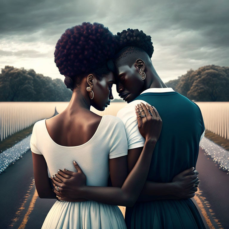 Two people in tender embrace on road in surreal dusk landscape