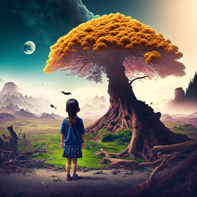 Child admires vibrant tree under starry sky with mountains and bird.