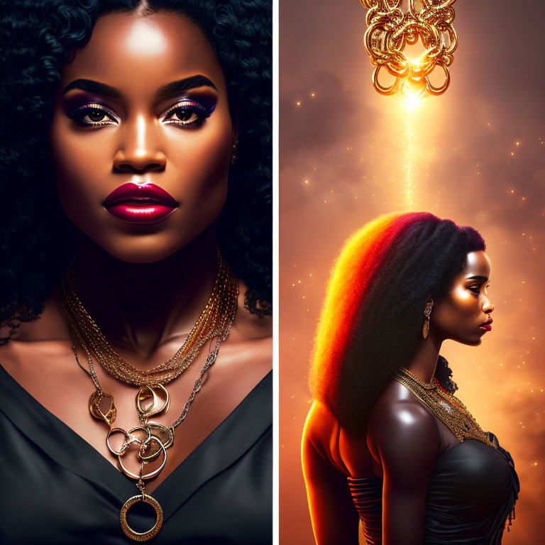 Split Image: Woman with Striking Makeup and Gold Jewelry Against Starry and Fiery Backgrounds