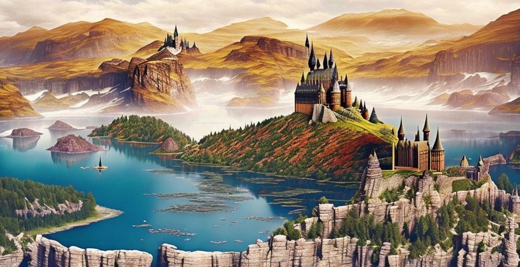 Majestic castle in fantastical landscape with cliffs, forests, lakes, mountains, and sailboat