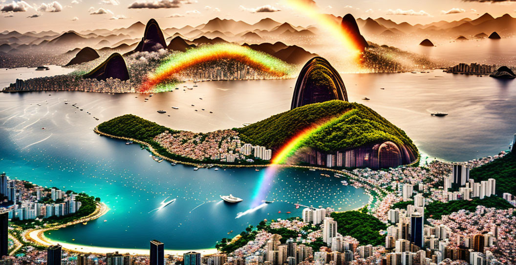 Vibrant rainbow over cityscape and bay in digital art