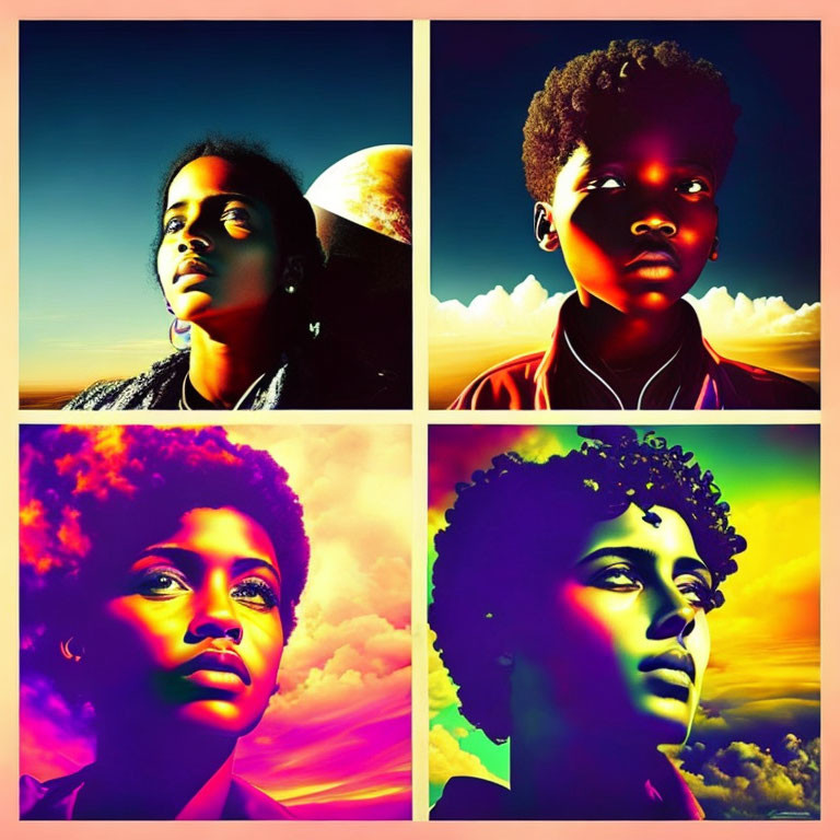 Vividly colored portraits with stylized lighting and striking silhouettes against sunset skies.