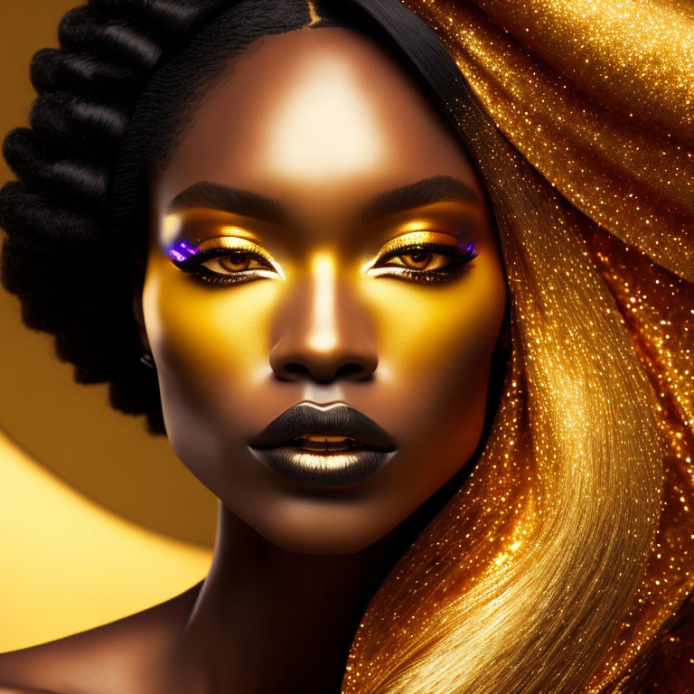 Woman with Striking Golden Makeup and Black Lipstick Portrait