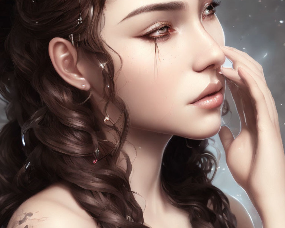 Digital artwork featuring woman with wavy brown hair, adorned with flowers, touching face gently.