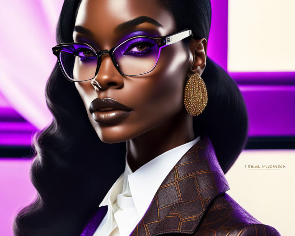 Portrait of woman with dark skin, stylish glasses, hoop earrings, brown blazer & white shirt