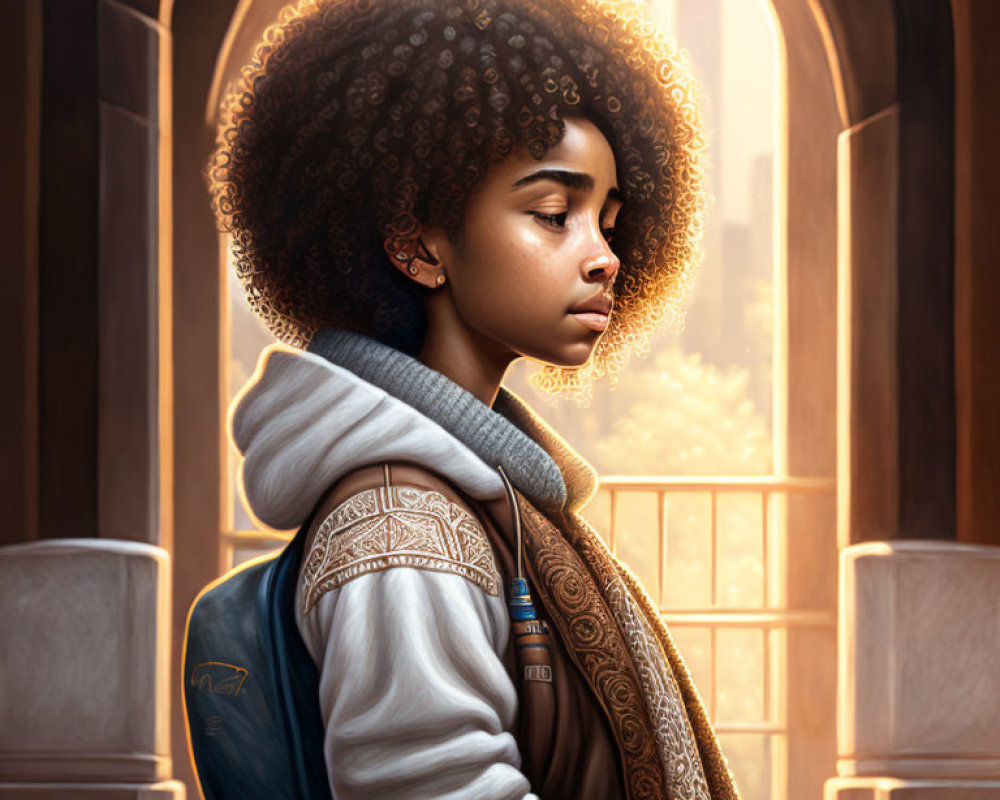 Young person with curly afro silhouette in hoodie and backpack in warm architectural setting