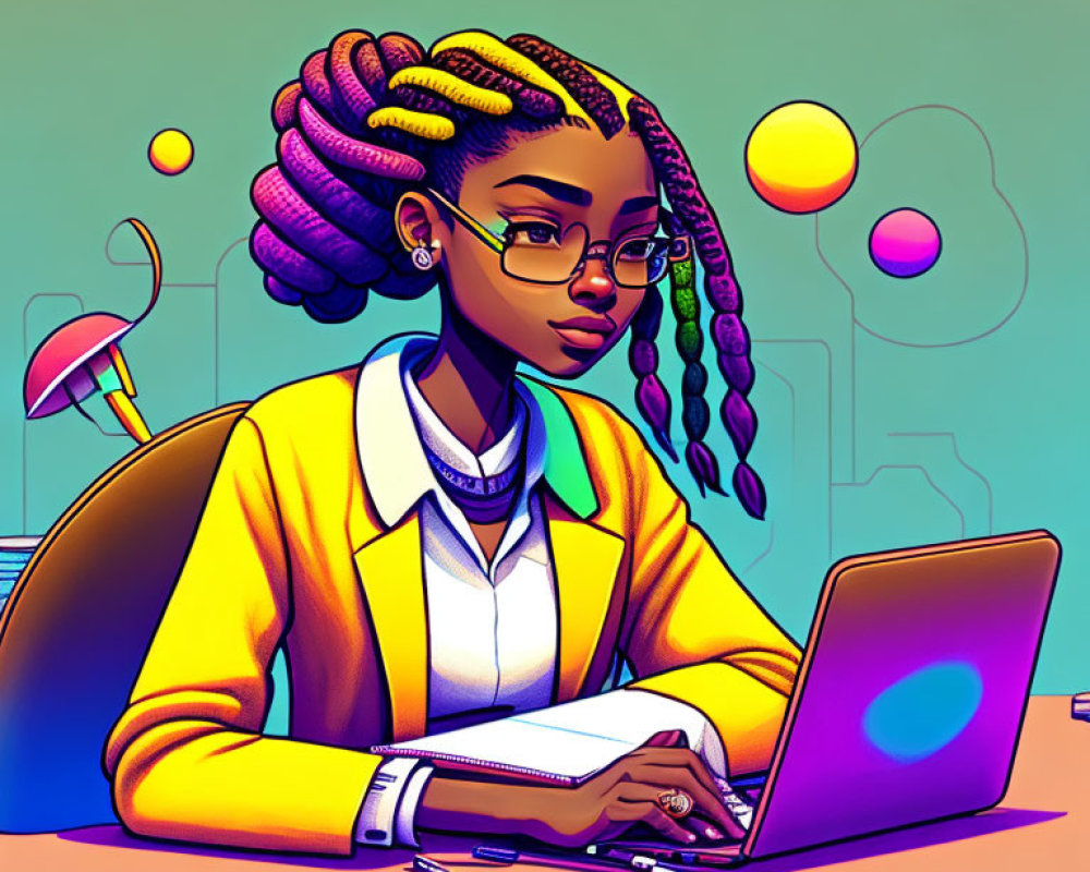 Focused woman with braided hair working on laptop in vivid colors