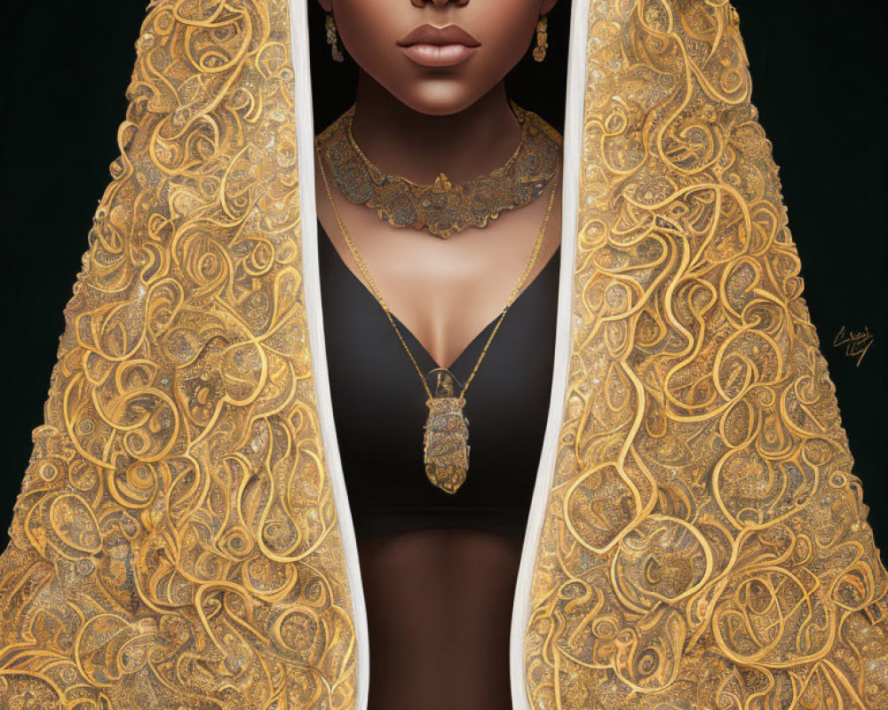 Detailed digital portrait of woman in gold-patterned cloak with brown eyes.